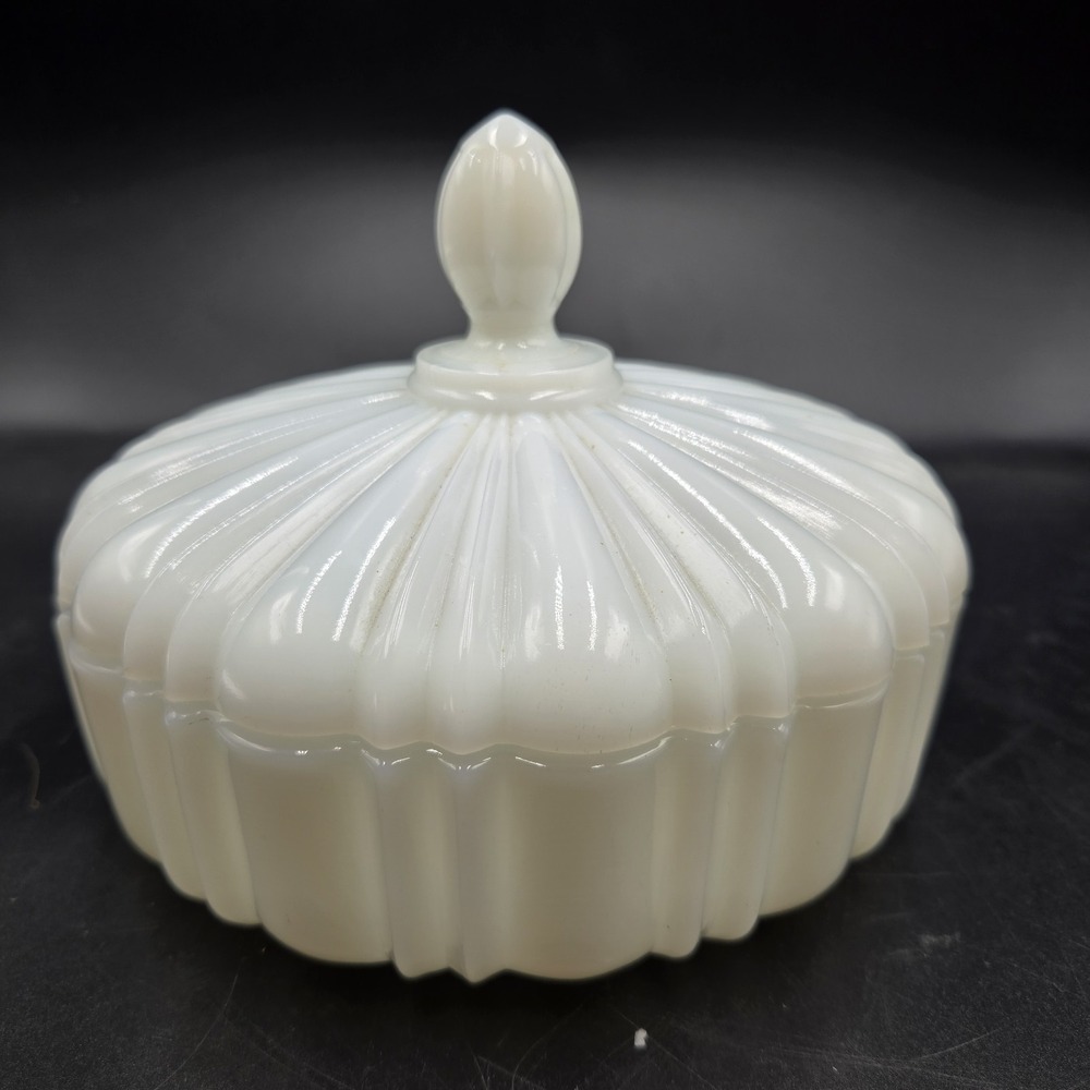 Vintage Anchor Hocking White Milk Glass Candy Dish With Lid "Old Cafe" Pattern